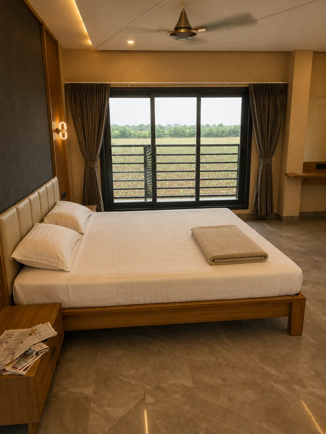 Bedroom with a wide window looking over green fields